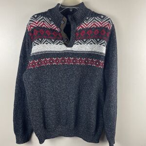 Chaps Men's Nordic Sweater L Grey Marled Knit Fair Isle Shawl Collar Winter Ski